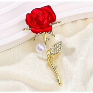 Gold red rose brooch with faux pearl pin